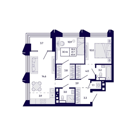 
  Продается 3-комн. квартира 63.6 м², в ЖК Цитатум. Фото 1.