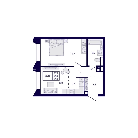
  Продается 2-комн. квартира 44.8 м², в ЖК Цитатум. Фото 1.