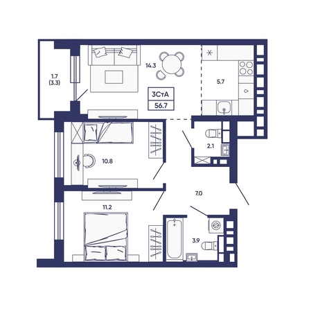 
  Продается 3-комн. квартира 56.7 м², в ЖК Сподвижники, дом 3. Фото 1.