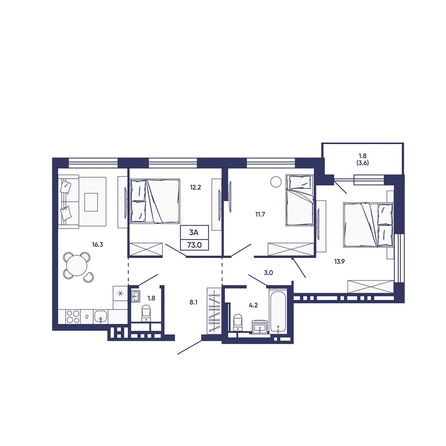 
  Продается 3-комн. квартира 73 м², в ЖК Сподвижники, дом 3. Фото 1.