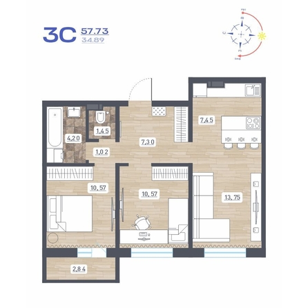 
  Продается 3-комн. квартира 57.73 м², в ЖК Радуга Сибири, дом 10. Фото 1.