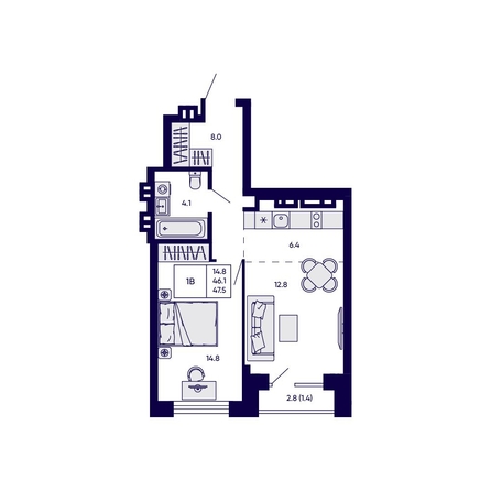 
  Продается 1-комн. квартира 47.5 м², в ЖК Грибоедовский сад. Фото 1.