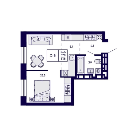 
  Продается студия 37.8 м², в ЖК Грибоедовский сад. Фото 1.