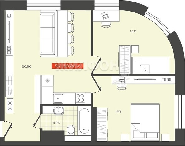 
   Продам 2-комнатный апартамент, 59.02 м², Freedom (Фридом), 2 оч башня В

. Фото 1.