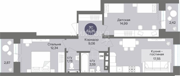 
   Продам 3-комнатную, 62.36 м², Квартал на Российской

. Фото 1.
