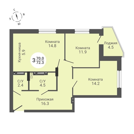 
   Продам 3-комнатную, 72.3 м², Петухова ул, 172

. Фото 1.