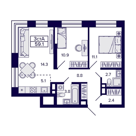 
  Продается 3-комн. квартира, 59.1 м², ЖК Citatum (Цитатум)
. Фото 3.