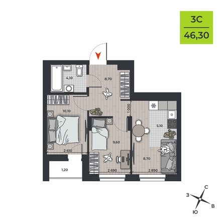 
   Продам 3-комнатную, 46.3 м², ДНК

. Фото 2.