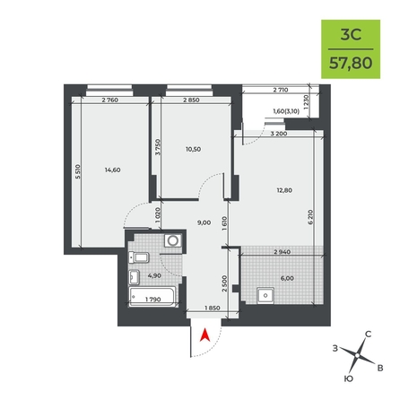 
  Продается 3-комн. квартира, 57.8 м², ЖК ДНК
. Фото 1.