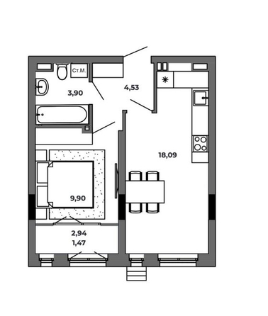 
   Продам 1-комнатную, 37.89 м², Красный Пахарь

. Фото 2.