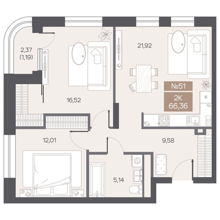 
  Продается 2-комн. квартира 66.36 м², в ЖК ЦЕНТР-ПАРК на Волочаевской. Фото 1.