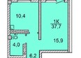 Зеленая высотка на Калинина: Планировка 1-комн 37,2 - 37,7 м²