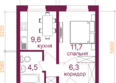 Видный-3, б/с 4: Планировка 1-комн 32,8 м²