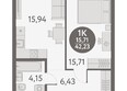 Первый на Титова: Планировка 1-комн 42,23 м²