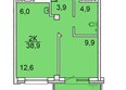 Зеленая высотка на Калинина: Планировка 2-комн 38,3, 38,9 м²