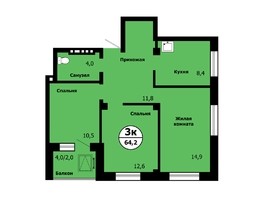 Продается 3-комнатная квартира ЖК Тихие зори, дом Стрелка, корпус 1, 64.2  м², 7530660 рублей