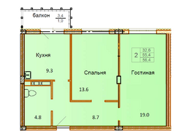 Продается 2-комнатная квартира ЖК Сибирский Двор, дом 2, 56.4  м², 5470800 рублей