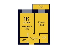 Продается 1-комнатная квартира ЖК Ривьера-Солонцы, дом 2, 34.68  м², 3728100 рублей