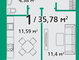 Продается 1-комнатная квартира ЖК Белая полоса, 36.1  м², 4402359 рублей