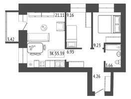 Продается 3-комнатная квартира ЖК Биография, дом 2, корп 2, 55.39  м², 6358350 рублей