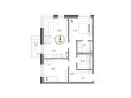 Продается 3-комнатная квартира ЖК Юдинский, дом 1.4, 63.74 м², 7871890 рублей