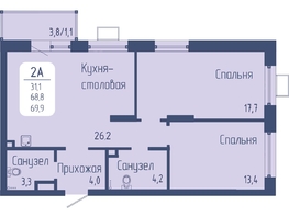 Продается 2-комнатная квартира ЖК Univers (Универс), 3 квартал, 69.9 м², 9995700 рублей
