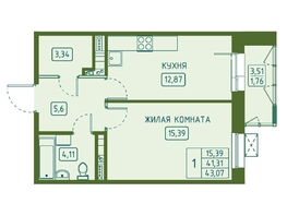 Продается 1-комнатная квартира ЖК Univers (Универс), 4 квартал, 43.07 м², 7838740 рублей