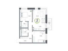 Продается 3-комнатная квартира ЖК Юдинский, дом 1.4, 63.21  м&sup2;, 8988462 рублей