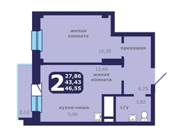 Продается 2-комнатная квартира ЖК Звездный, 46.55  м&sup2;, 6330000 рублей