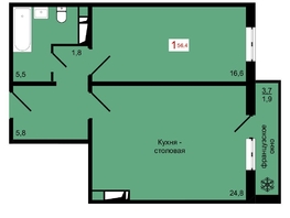 Продается 1-комнатная квартира ЖК КБС. Курчатова, дом 12.1, 56.4  м&sup2;, 7800000 рублей