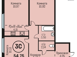 Продается 3-комнатная квартира ЖК Адалин на Южном, дом 15 корпус 7, 54.75  м², 5365500 рублей