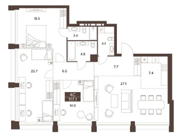 Продается 4-комнатная квартира ЖК Сахаров Парк, 117.1  м², 41242620 рублей
