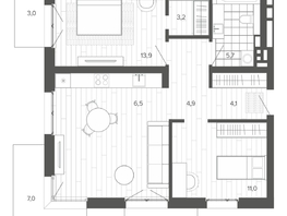 Продается 3-комнатная квартира ЖК Вышка, корпус 1, 78.39  м², 13765000 рублей