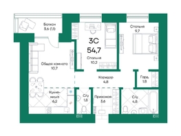 Продается 3-комнатная квартира ЖК Широта, корпус 1, 54.7 м², 8423800 рублей
