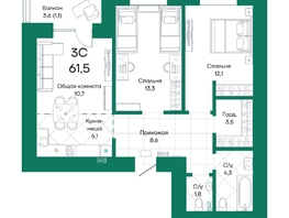 Продается 3-комнатная квартира ЖК Широта, корпус 1, 61.5  м², 9268050 рублей