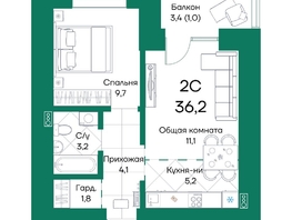 Продается 2-комнатная квартира ЖК Широта, корпус 2, 36.2 м², 5527740 рублей