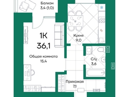Продается 1-комнатная квартира ЖК Широта, корпус 2, 36.1  м², 5490810 рублей