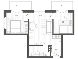 Продается 3-комнатная квартира ЖК Вышка, корпус 3, 54.64  м&sup2;, 9704000 рублей