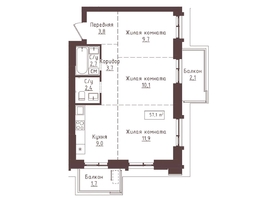 Продается 3-комнатная квартира ЖК Империал, 57.1  м&sup2;, 10335100 рублей