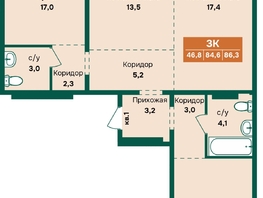 Продается 3-комнатная квартира ЖК Камчатка, корпус 6/3, 86.3  м&sup2;, 9495000 рублей