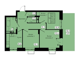 Продается 3-комнатная квартира ЖК Зеленые кварталы, 3 оч, корпус 1, 63.6 м², 8967600 рублей