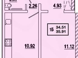 1-комнатная квартира, 34.51 м², 11/9 этаж