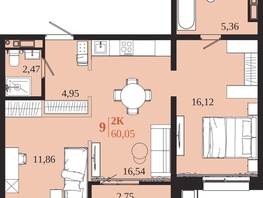 Продается 2-комнатная квартира ЖК 1661, 60.05  м&sup2;, 11529600 рублей