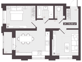 Продается 2-комнатная квартира  Жилой квартал «Моне», 56.88  м², 9385200 рублей