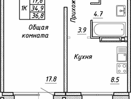 Продается 1-комнатная квартира ЖК Квартет, дом Дуэт, 36.8 м², 5090000 рублей