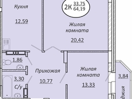Продается 2-комнатная квартира ЖК Пролетарский, 64.19 м², 7766990 рублей