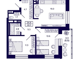Продается 2-комнатная квартира ЖК Сподвижники, 61.7 м², 7400000 рублей