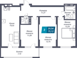 Продается 3-комнатная квартира ЖК Звезда, дом 1, 75.12 м², 12169440 рублей