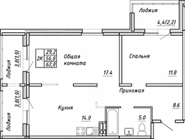 Продается 2-комнатная квартира ЖК Квартет, дом Дуэт, 62.8 м², 7550000 рублей