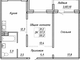 Продается 2-комнатная квартира ЖК Квартет, дом Дуэт, 59.2 м², 6116666 рублей
